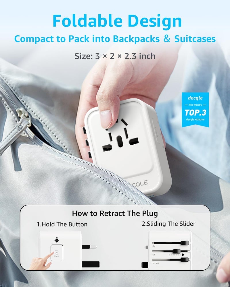 D DECQLE Universal Travel Adapter, International Travel Plug Adapter with 2 USB-C(GaN 65W) ＆ 1 USB-A Ports, All in One Portable Adaptor, for USA, UK, EU, AU ＆ 224+ Countries (White) US - Image 4